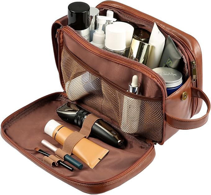 BNSPOCKET Personalized Leather Travel Toiletry Bag for Men, Large Travel Bathroom Shaving Dopp Kit, Large Cosmetic Bag Waterproof