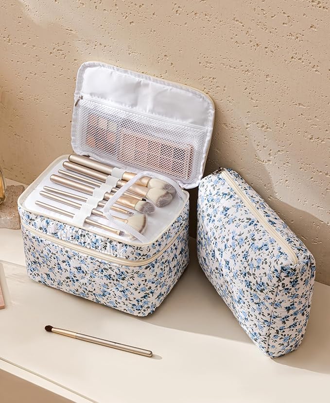 HBselect 2Pcs Travel Makeup Bag Large Quilted Cosmetic Bag Make up Bag