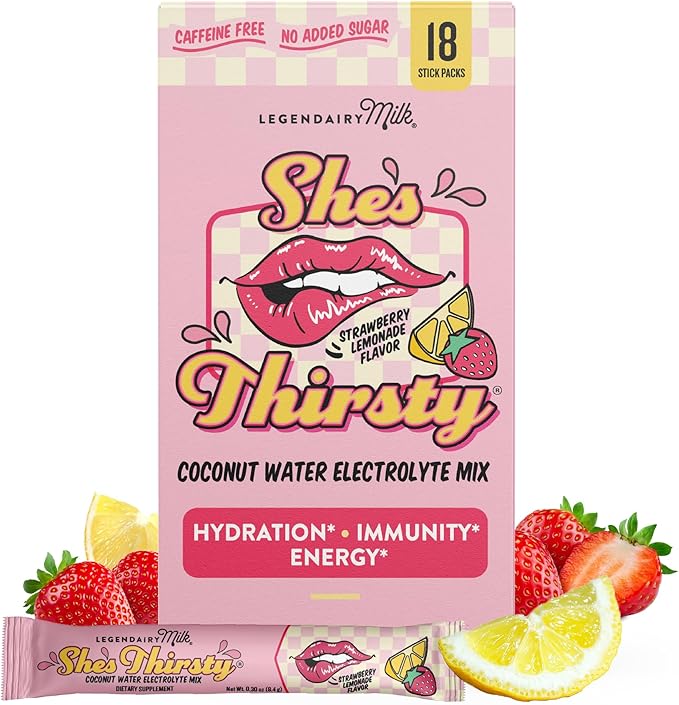 Legendairy Milk She’s Thirsty – Strawberry Lemonade, No Sugar Added Electrolytes Powder Packets–Coconut Water Mix for Women, Instant Hydration Packets, Immune Support, Pregnancy Safe, 18 Ct