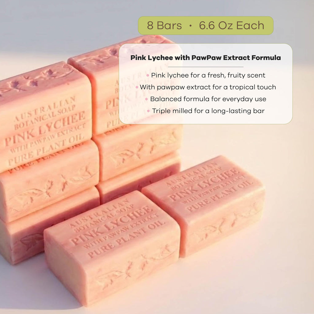 Australian Botanical Soap, 6.6 OZ, Pink Lychee and Pawpaw Extract, Triple Milled Bars made with a Natural Soap Base and Enriched with Organic Shea Butter, Pack of 8