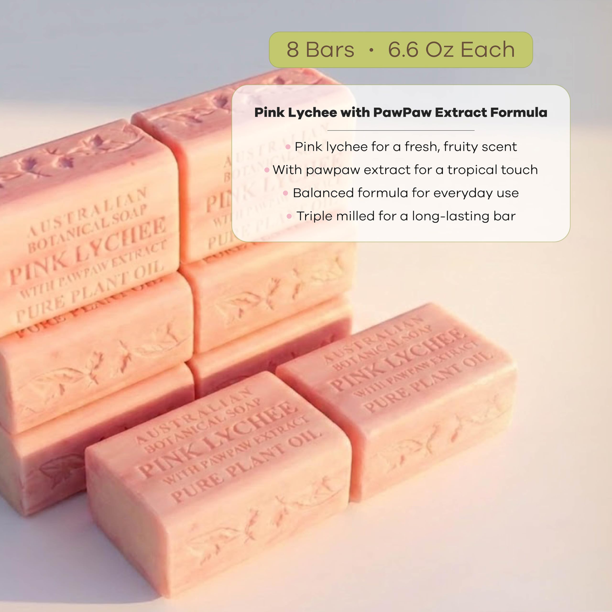 Australian Botanical Soap, 6.6 OZ, Pink Lychee and Pawpaw Extract, Triple Milled Bars made with a Natural Soap Base and Enriched with Organic Shea Butter, Pack of 8