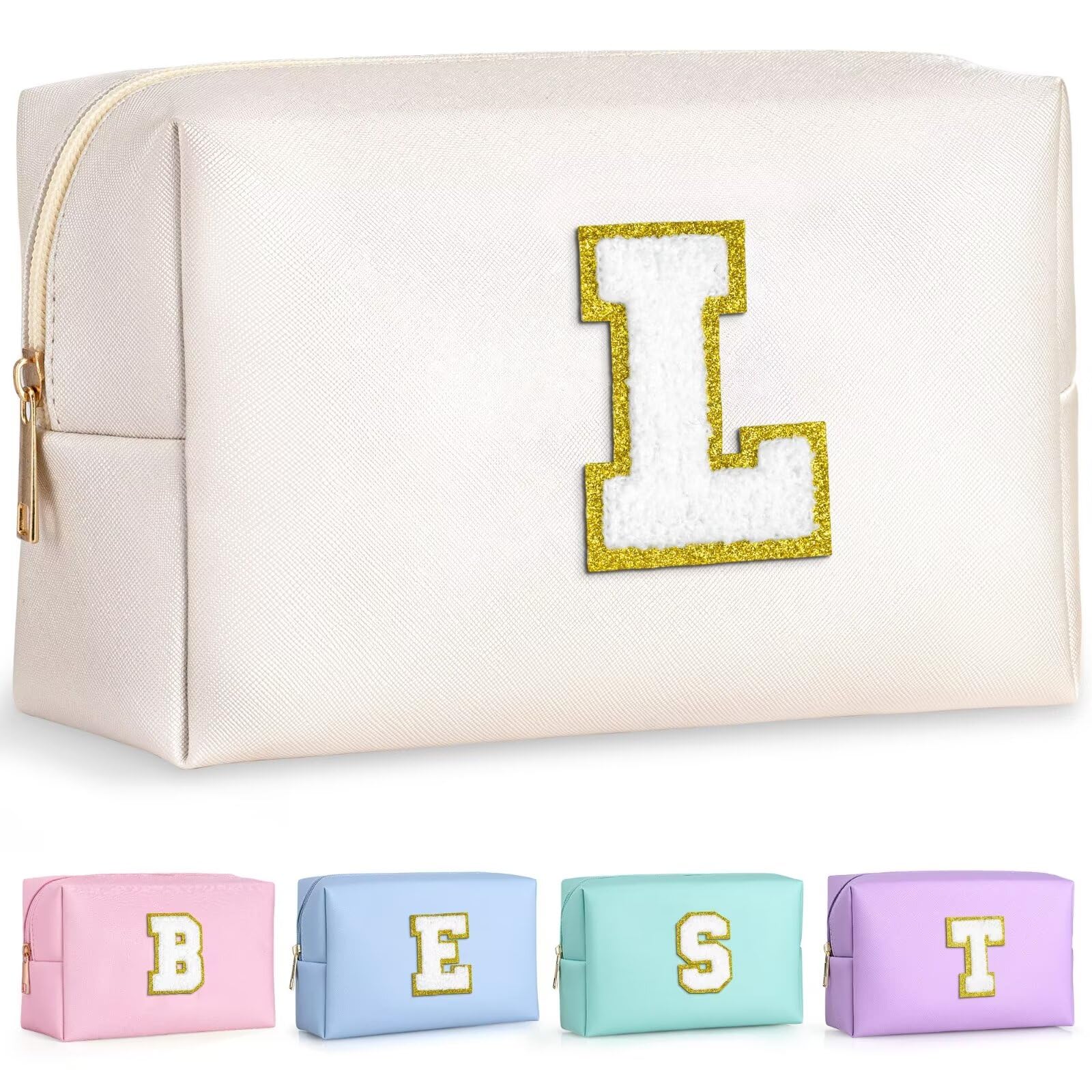 TOPEAST Personalized Birthday Gifts for Women, Preppy Patch Makeup Bag, Chenille Letter Pouch Cosmetic Bag, Travel Organizer, Gifts for Friends, Cute Stuff for Women (White L)