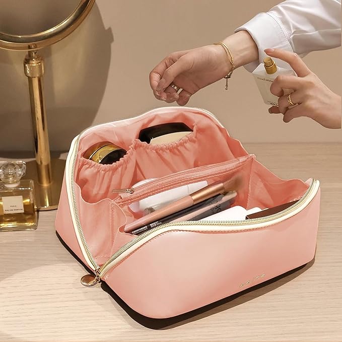 Prite Makeup Bag Travel Toiletry Bag Open Flat Cosmetic Organizer for Women