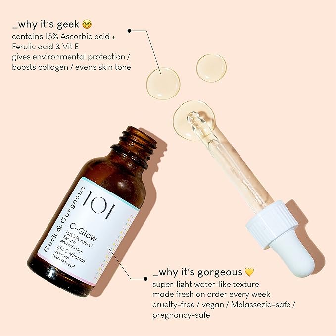 Geek & Gorgeous - C-Glow - lightweight, water-like 15% Vitamin C + Ferulic acid & Vitamin E Serum, protects against environmental damage, boosts collagen & evens skin tone - all skin types, 1 oz