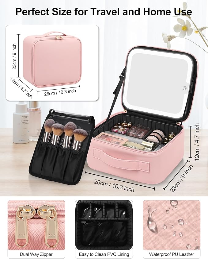 Chomeiu Makeup Bag with LED Mirror, Cute Cosmetic Bags for Women and Girls, Travel Train Case Artists Organizer Large Make Up Bags with 3 Color Light Up Mirror & Removable Brush Compartment, Pink