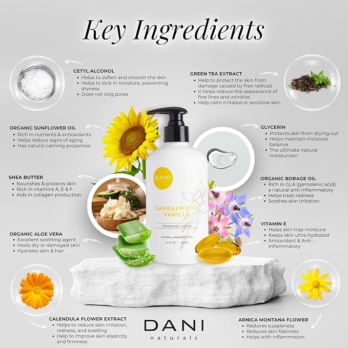 DANI Naturals Hand & Body Lotion - Warm Sandalwood Vanilla Scented Aromatherapy Moisturizer, Deep Hydration for Dry & Dull Skin with Shea Butter, Aloe Vera, & Vitamin E, Cruelty-Free & Vegan, 12 Oz