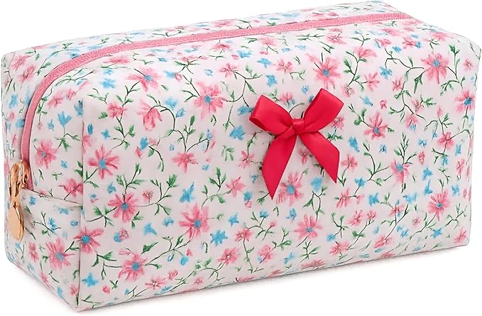 OIMEI Floral Quilted Pouch Cotton Makeup Bag for Women, Large Capacity Travel Cosmetic Pouch with Zipper, Cute Toiletry & Brush Organizer, Kawaii Makeup Storage Case – Rose Red Floral