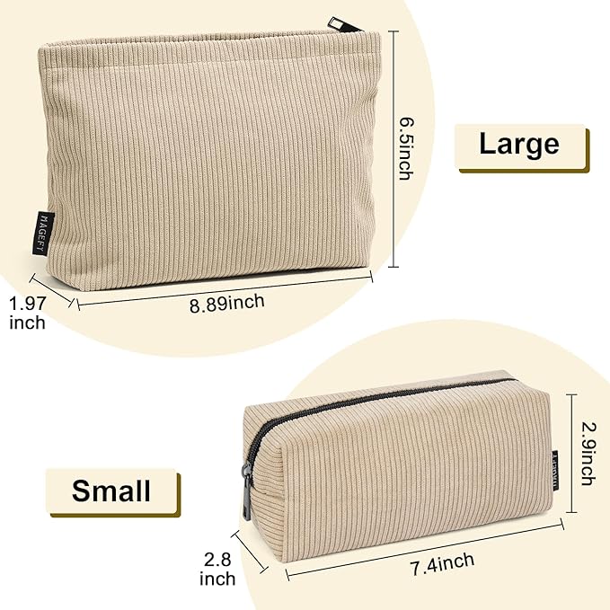 MAGEFY Small Makeup Bag 2 Pcs Corduroy Makeup Bag for Purse Zipper Make up Bag Travel Cosmetic Bag for Women Makeup Pouch for Travelling Preppy Stuff - Beige