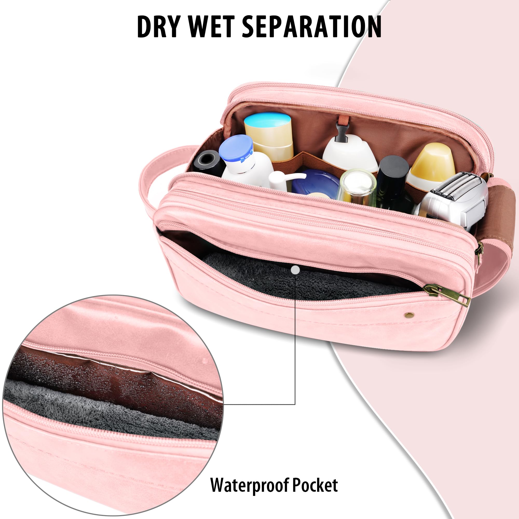 COOSKY Travel Toiletry Bag for Women, Large Hanging Toiletries Organizer Bags for Men, Cruise Ship Essentials, Water-resistant Shaving Case, PU Leather Makeup Accessories, Cosmetic Dopp Kit, Pink