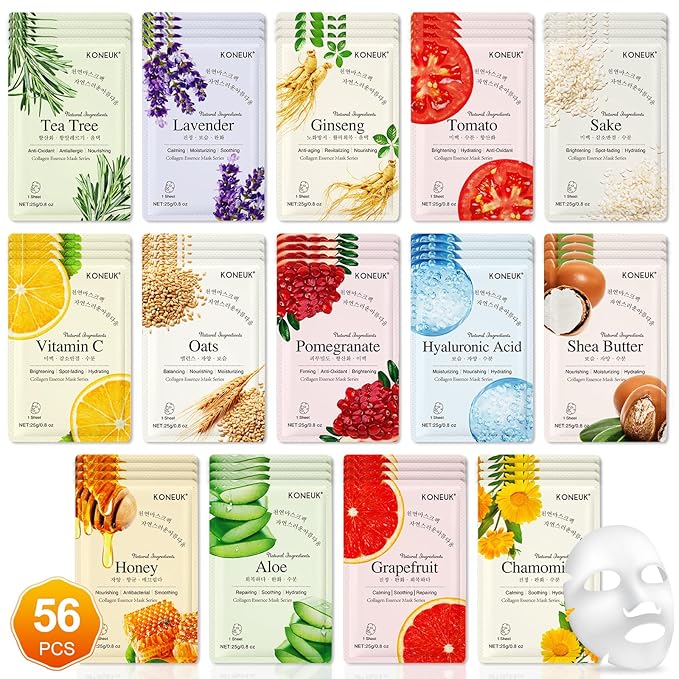 KONEUK 56 Pack Sheet Face Masks Skincare for Women, Hydrating Face Masks Suitable for Most Skin Types, Bulk Facial Mask Gifts Set for Skin Care, Home Skincare Spa Favors