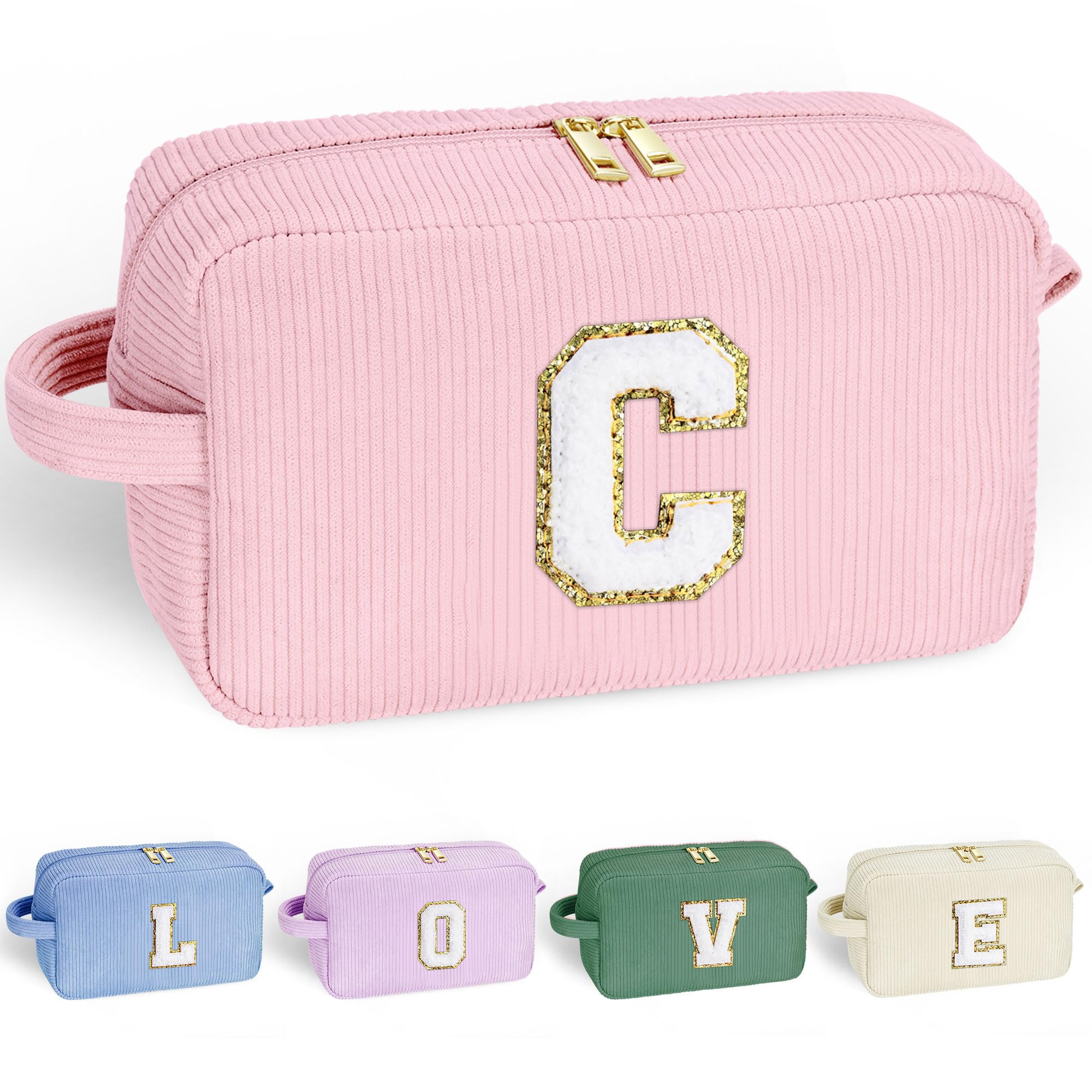 YOOLIFE Cute Initial Travel Makeup Bag - Girls Cosmetic Bag Skincare Bag Make Up Bag Teen Girl Gifts Trendy Stuff Monogram Makeup Bag Sister Daughter Friend Bridesmaid Gifts for Girl Women Letter C