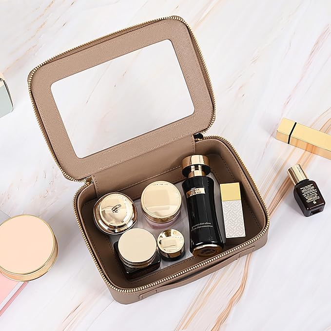 Aveniee Clear Makeup Bag for Women, Small Toiletry Travel Bag with Zipper, Portable Cosmetic Organizer Pouch for Skincare, Car Organizer Storage Bag for Essentials, Taupe,Medium Classic