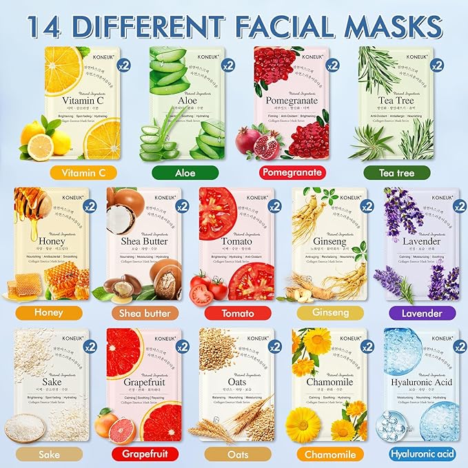 KONEUK 28 Pack Sheet Face Masks Skincare, Hydrating Face Masks Suitable for Dry Skin, Bulk Facial Mask Gifts Set for Women Skin Care, Home Skincare Spa for Most Skin Types