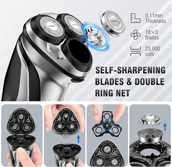 Sejoy Men's Electric Shaver, Men's Shaver, Men's Beard Shaver, Wireless Electric Shavers, IPX7 Waterproof, with Pop-Up Trimmer, 80,000 Power: 1 Hour Fast Charging-3D Floating Head, Black
