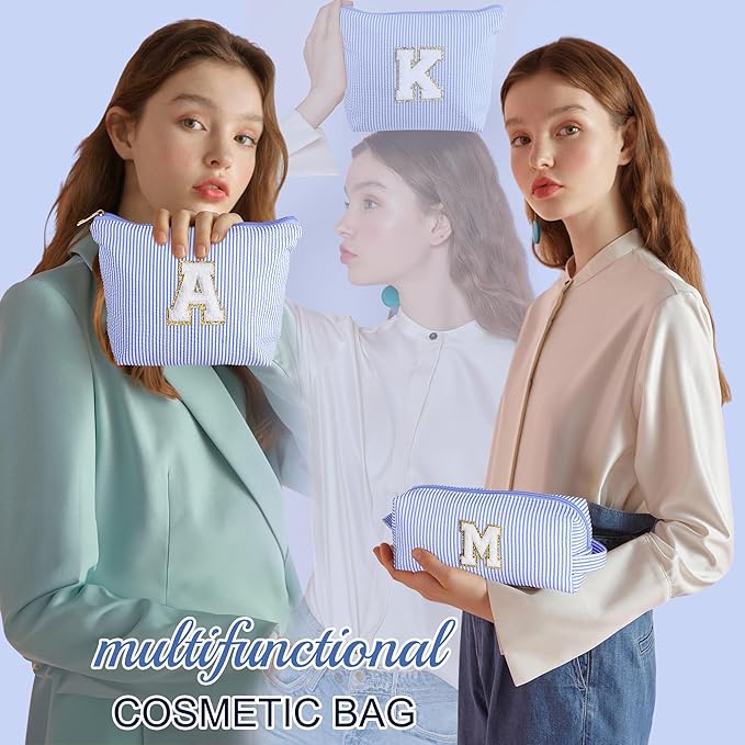 YOOLIFE Initial Makeup Bag for Girls Kids | Cosmetic Bag | Travel Toiletry Bag | Gift for Teacher Teen Girls Girlfriend Bridal Shower | Birthday Gift for Kids | 15 14 13 Year Old Girl Gifts Blue A