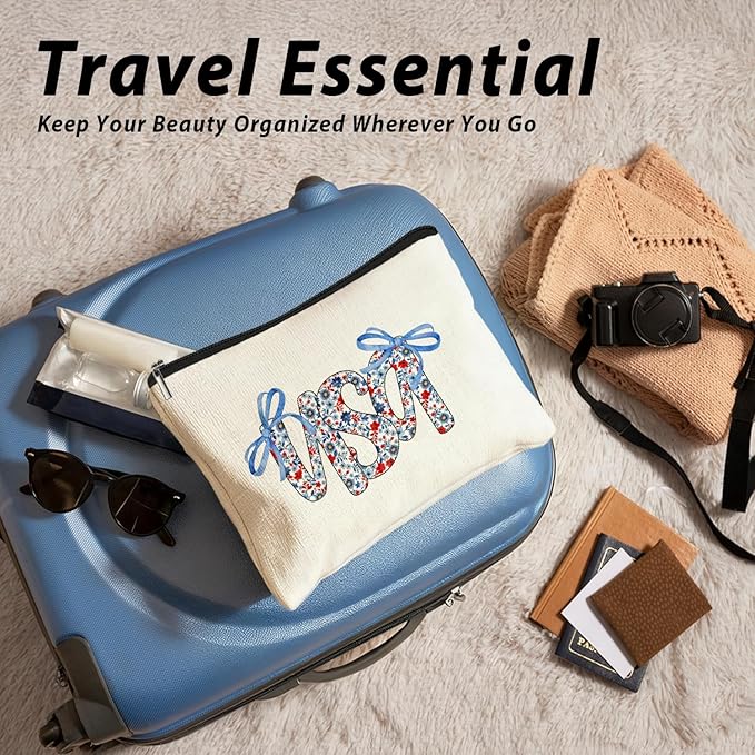 LIANGW Retro Floral USA 4th of July Makeup Bag, America Patriotic Cosmetic Bags for Women, Red White and Blue Bow USA Toiletry Bag for Women, cosmetic bag, makeup case