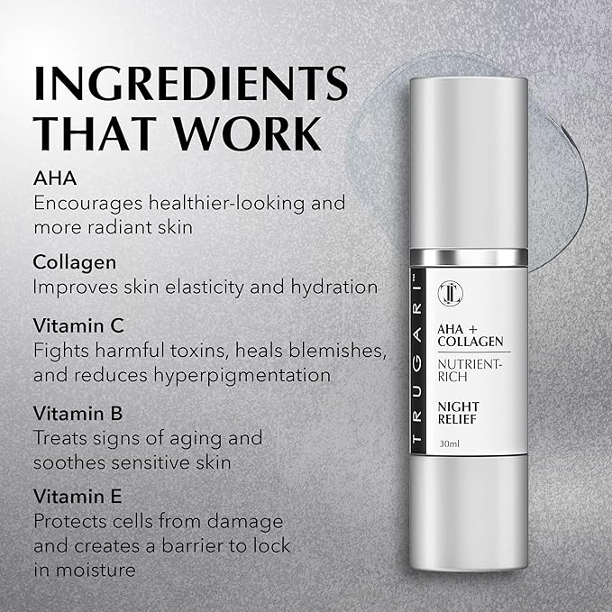 TRUGARI Facial Night Serum with AHA + Collagen, Night Serum for Face, Anti Aging Night Serum, Collagen Boost Anti Aging Serum, Nutrient-Rich Night Face Serum with Vitamins C, B, E, Collagen Skin Care