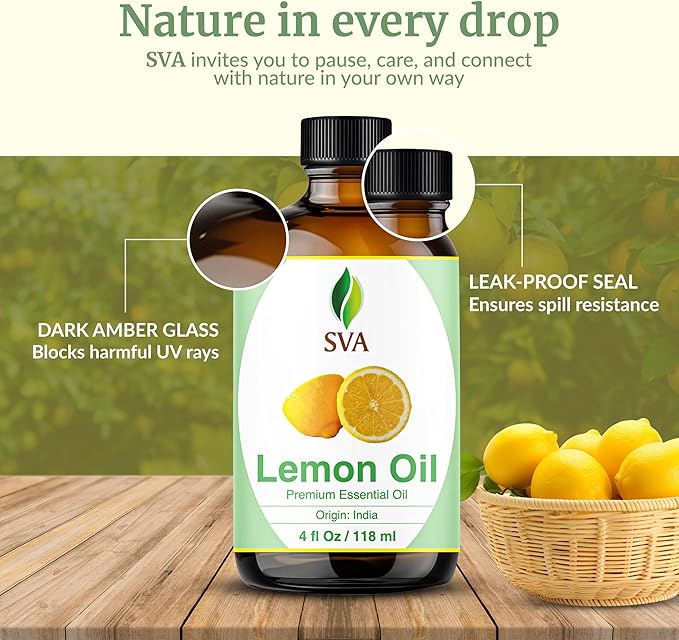 SVA Lemon Essential Oil – 4 Fl Oz - for Diffuser, Skin & Hair Care – Ideal for Massage & DIY Blends – with Dropper