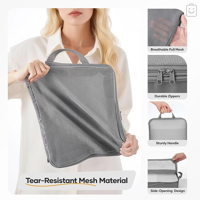 Veken 9/11 Set Compression Packing Cubes Garment Bags for Travel Essentials,Compressible Expandable Luggage Organizer Bags for Clothing,Space Saver Bags with Over 1000 pcs of Mesh Holes(Gray)