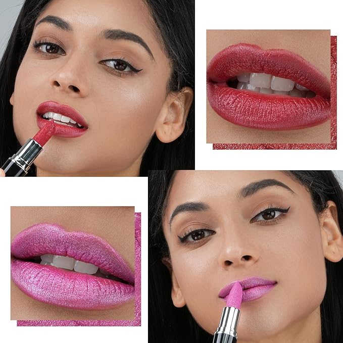 Anglicolor 2Pcs Metallic Red& Pink Lipstick,Hydrating Creamy Formula