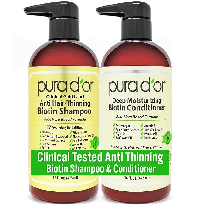 PURA D'OR Anti-Thinning Biotin Shampoo & Hair Regrowth Conditioner, CLINICALLY TESTED Effective Results, Thickening Herbal Blend For Women & Men, Original Gold Label Set, Natural Earthy Scent, 16oz x2