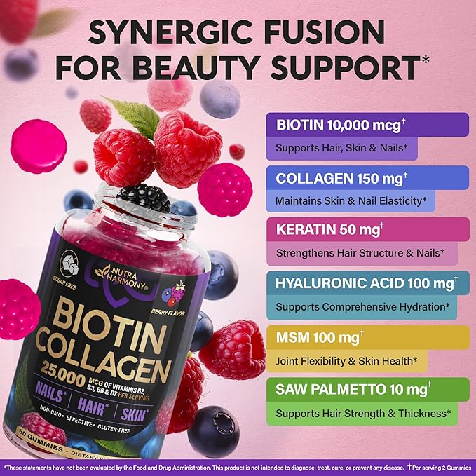 Biotin Gummies for Hair Growth Support - for Women & Men - Berry, 60 Gummy