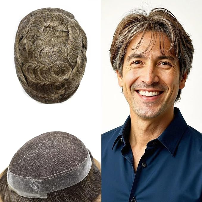 F M FACE MIRACLE NEW YORK Mens Toupee Human Hair Piece French Lace Toupee for Man Hair System Indian Human Hair Replacement Systems V-Looped PU Front Hairpieces 7"X9" #630 Light Brown with 30% Gray