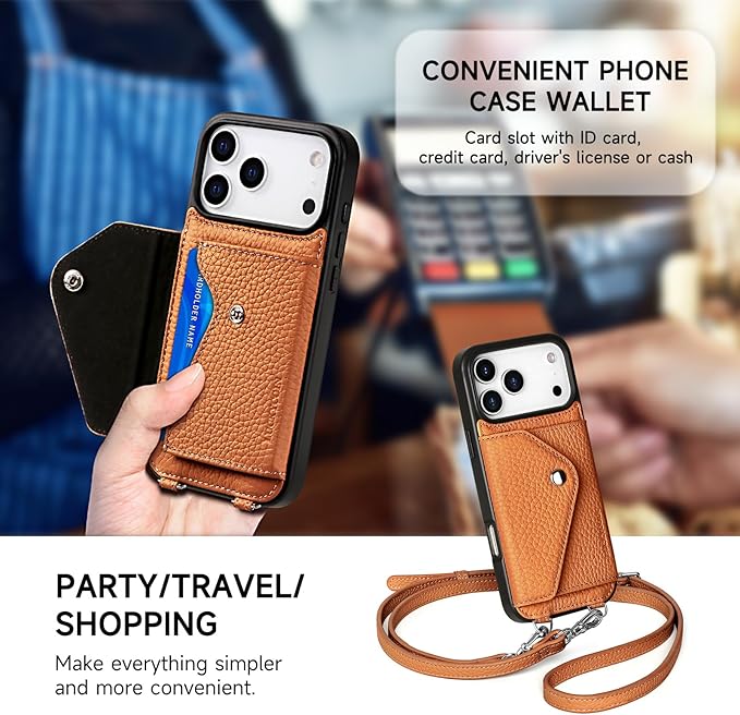 LUCKYCOIN Crossbody Phone Case for iPhone 17 Pro Max,100% Genuine Leather Phone Wallet Case for Women, Premium Hands-Free Phone Purse with Expandable Flip Card Holder & Adjustable Strap - Pebble Brown