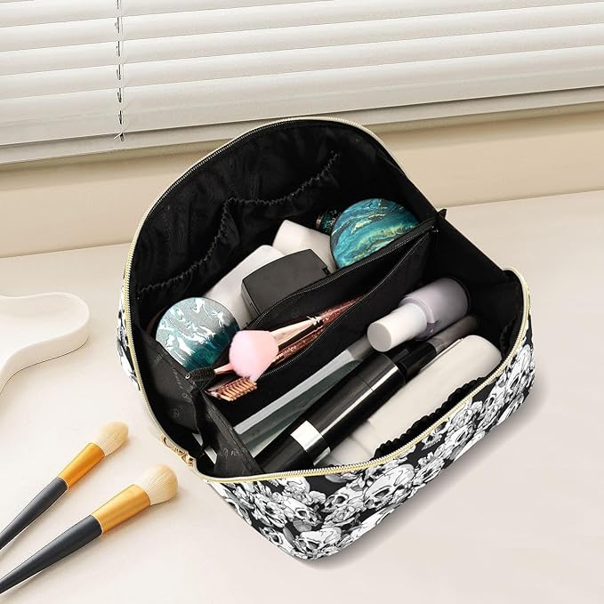 MNSRUU Makeup Organizer Bag, Skull and Flowers Travel Makeup Bags Makeup Vanity Case Large Capacity Rhombus Cosmetic Toiletry Bag for Girl Women Ladies