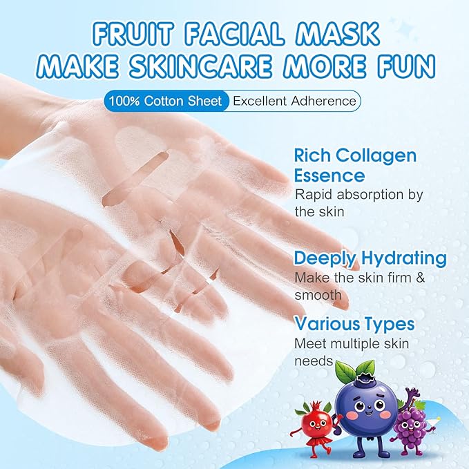 KONEUK 28 Pack Fruit Face Masks Skincare for Kids Girls, Sheet Face Mask
