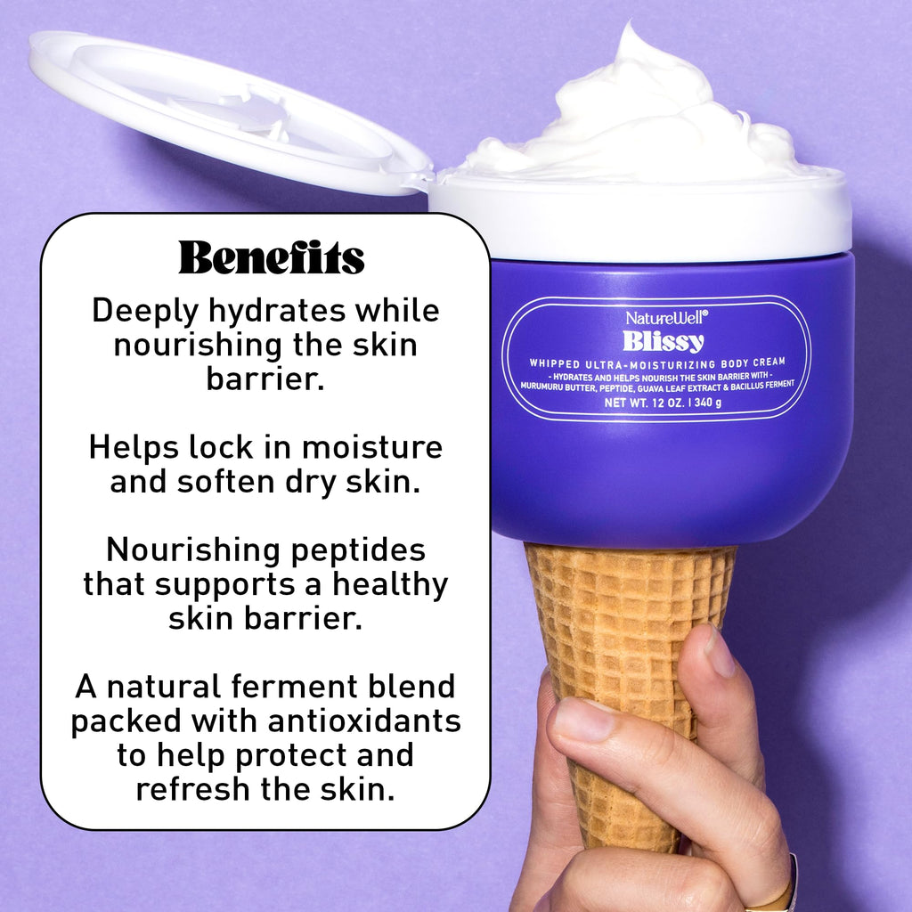 NATURE WELL Blissy Whipped Body Cream, Rich & Ultra-Moisturizing, Quick-Absorbing Formula for Daily Use, Enriched with Antioxidants, Hydrate & Nourishes Skin Barrier, Vanilla & Sandalwood Scent, 12 Oz