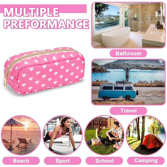 Small Pencil Case Makeup Bag for Purse, Cute Pencil Pouch Preppy Nylon Makeup Brush Bag with Zipper, Girls Portable Stationery Storage Case Small Pen Bag for Office School College(Slim-Pink Heart)