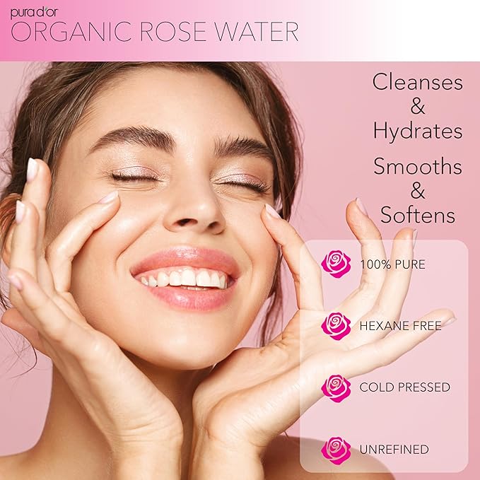 PURA D'OR 4 Oz ORGANIC Rose Water Toner - USDA Certified 100% Pure Full Skin Hydration, Control Excess Oils- Cleanses & Softens - Promotes Healthy Skin - For All Skin Types, Ayurvedic Skin Care