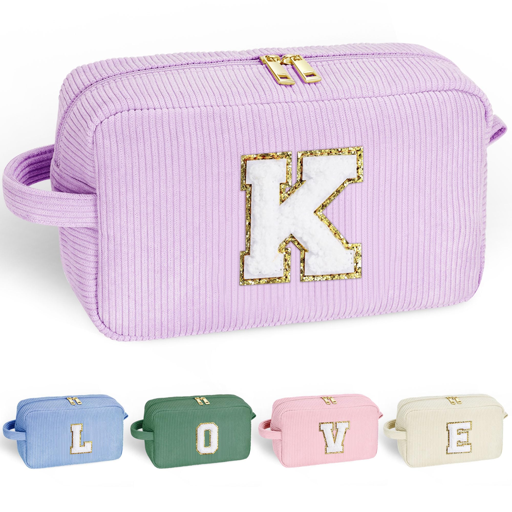 YOOLIFE Girlfriend Gifts Makeup Bags - Initial Makeup Bag Travel Makeup Bag with Zipper Small Makeup Brush Bag Corduroy Makeup Bag Sister Birthday Gifts Bridesmaid Proposal Gifts for Women Letter K