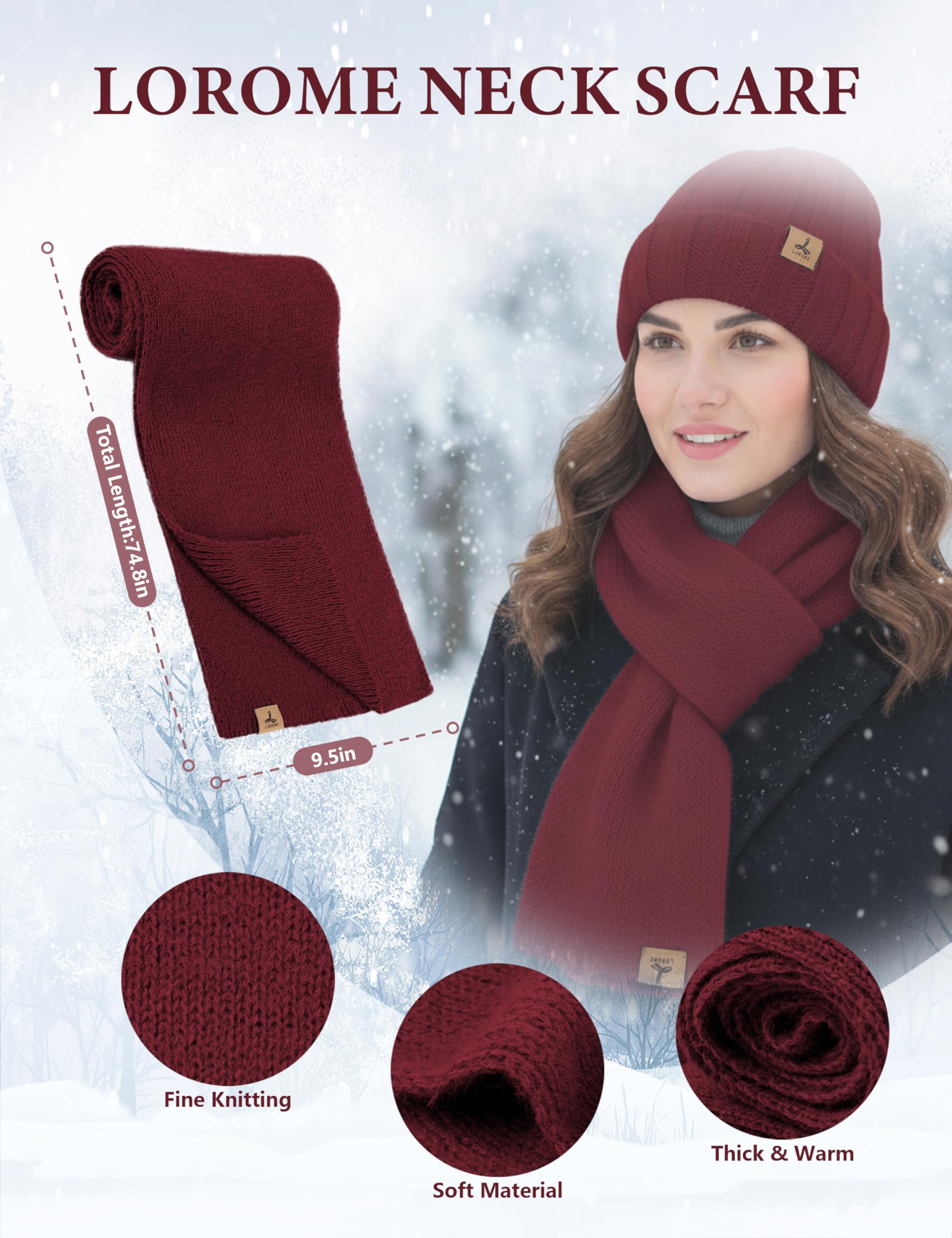 LOROME Winter Beanie Hat Gloves Scarf, Cashmere Hat Gloves Scarf Set Women