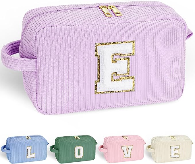 YOOLIFE Monogram Purple Make Up Bag - Cute Makeup Bag Travel Makeup Brush Bag Cosmetic Bags for Women Travel Must Haves Gifts for Wife Sister Friend Bridesmaid Gifts for Women Her Letter E