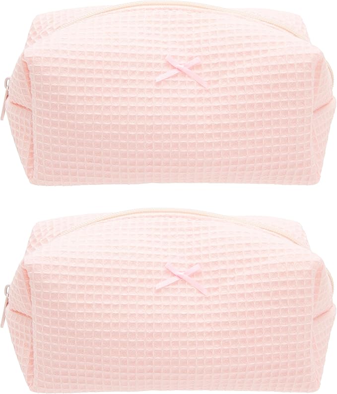PAZIMIIK Cozy Makeup Bag for Women,Zipper Cosmetic Pouch,Waffle Pink,2 Pack