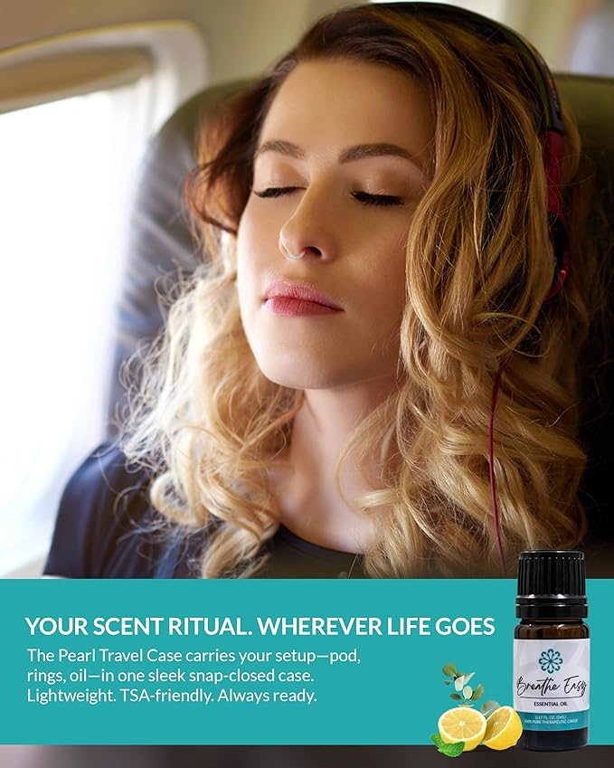 Essence Pearl Travel Case | Breathe Easy Essential Oil | Aromatherapy Nasal Diffuser & Essential Oil Carrying Case | Peppermint & Eucalyptus Blend | Travel-Friendly Kit | White Pod