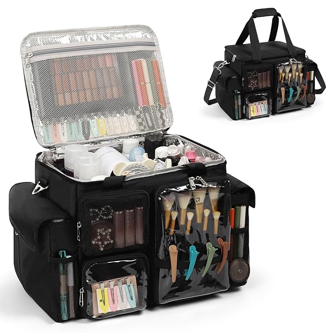 onemoky Large Hairstylist Traveling Bag, Hair Tool Organizer with Removeable Dividers, Hairdresser Hair Tools Travel Bag with Multi Pockets, Professional Makeup Artist Bag with Shoulder Strap