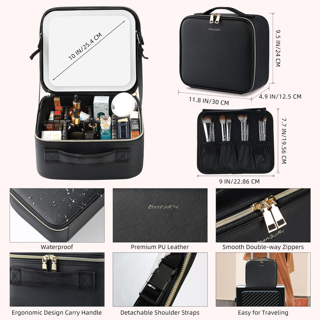 ZhenGuiRu Travel Makeup Bag with LED Mirror – Waterproof Cosmetic Train Case with Adjustable Dividers, Portable Makeup Organizer and Toiletry Bag for Women, Teens & Girls Gift, Black