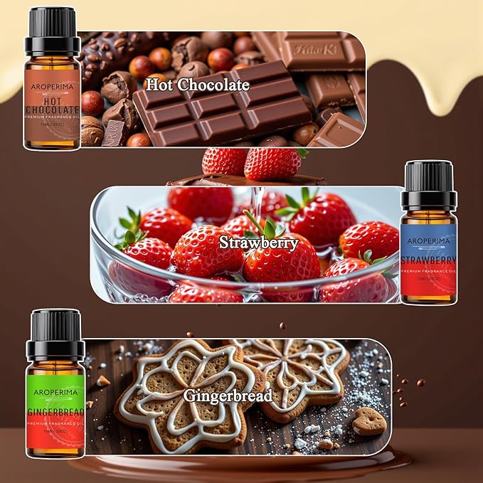 AROPERIMA Dessert House Fragrance Essential Oil Set - Cotton Candy, Blueberry Muffin, Hot Chocolate, Bubble Gum, Strawberry, Gingerbread 6x10ML for Diffusers, Massage, Perfume, Soap Making and Candle