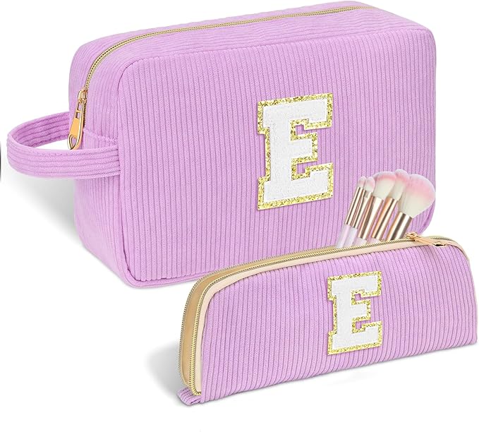 Sernaxi Personalized Initial Makeup Bag Trendy Stuff Corduroy Cosmetic Bag Travel Toiletry Bag, Valentine’s Day Gift Makeup Organizer Case & Makeup Pouch for Women teen Girls Mom Girlfriend Wife