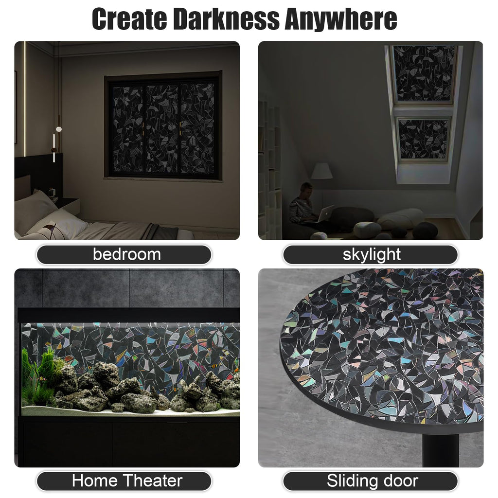 QHY Sunshine Total Blackout Window Film Privacy， Frosted Glass Window Film，Black Window Tint， No Glue， Detachable, no Marks, Suitable for Repeated use (Black Rainbow, 35.4 in X 78.7 in)