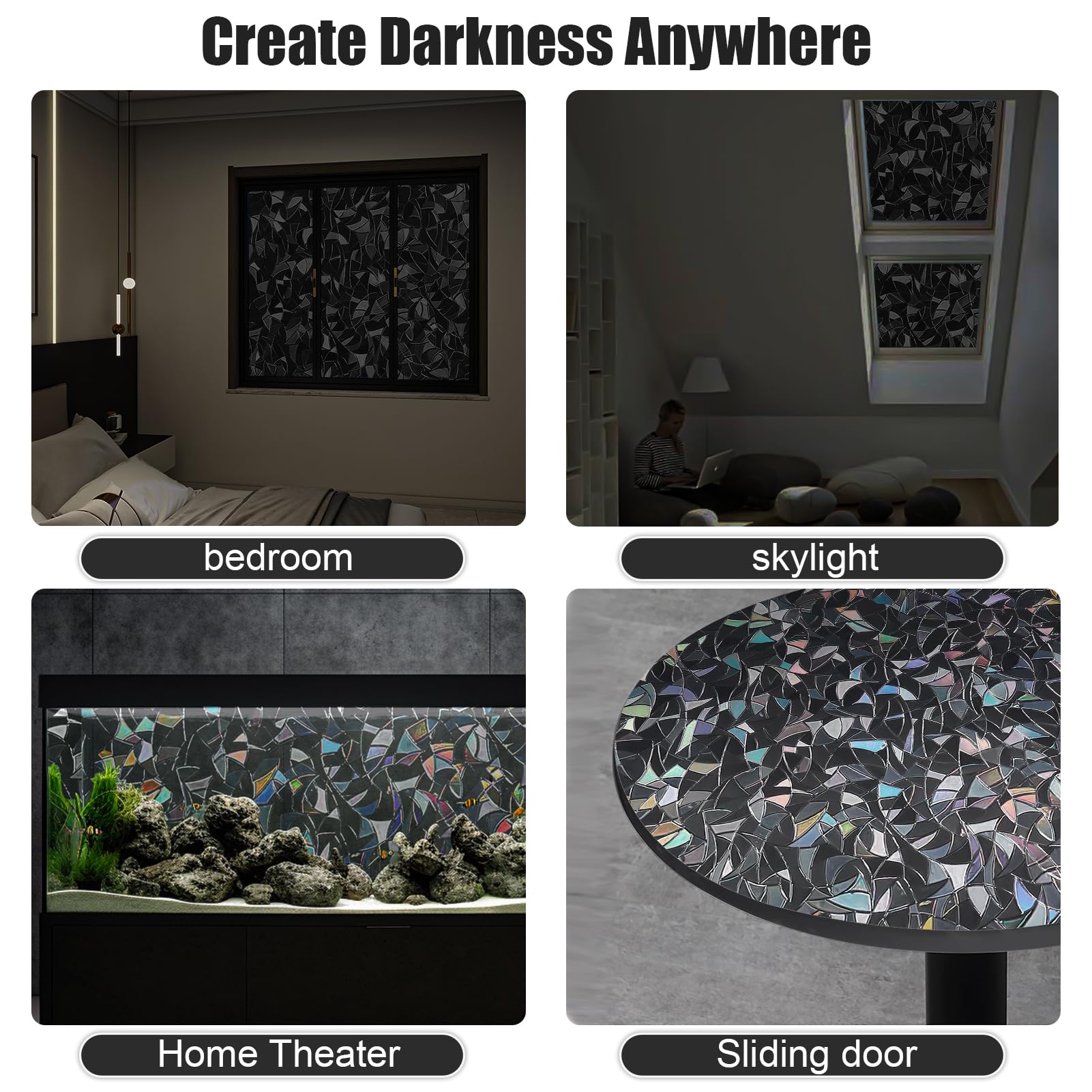 QHY Sunshine Total Blackout Window Film Privacy， Frosted Glass Window Film，Black Window Tint， No Glue， Detachable, no Marks, Suitable for Repeated use (Black Rainbow, 35.4 in X 78.7 in)