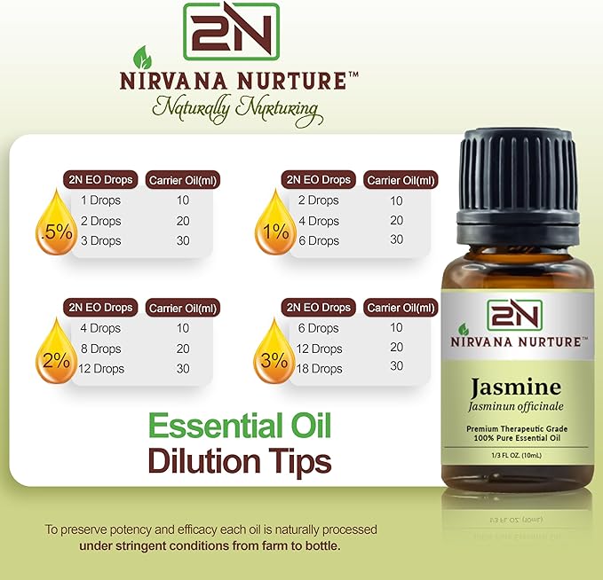 Nirvana Nurture Jasmine Essential Oil, 100% Pure Undiluted, Aromatherapy Oil for Diffuser, Hair & Skin Care