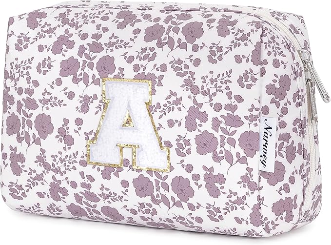 Narwey Initial Makeup Bag, Graduation Gifts for Teen Girls kids Tween, Trendy Stuff 6-18 Years Old, Personalized Travel Cosmetic Bag, Birthday Teacher Bridesmaid Mom Gifts for Women (Pink Flower A)