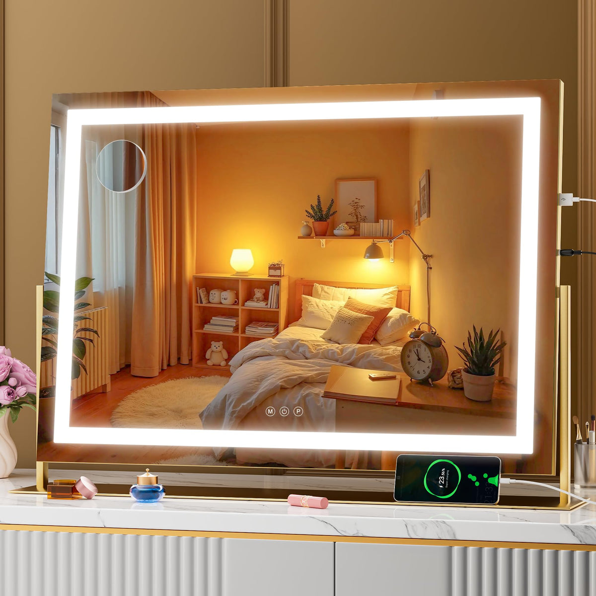Hasipu Vanity Mirror with Lights, 34.3" x 25.2" LED Makeup Mirror, Light up Mirror with 10X Magnification and Phone Holder, USB Charging Port, Smart Touch 3 Colors Dimmable (White)