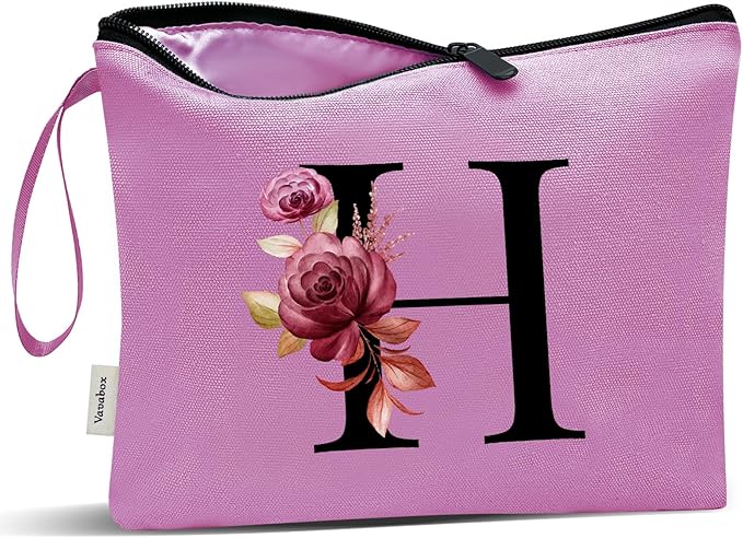 Vavabox A-Z Personalized Makeup Bag, Birthday Gifts for Women Mom, Gifts for Best Friend, Bride Bridesmaid Cosmetic bag (H, 07-Purple)