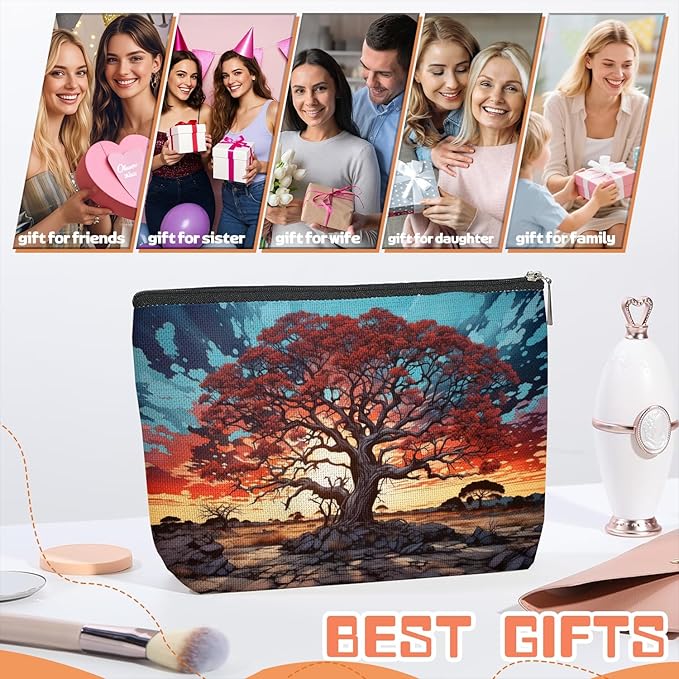 Scribesense Makeup Bag Travel Cosmetic Bags Small Makeup Case Waterproof Zipper Pouch for Women Girls 7X9inches - Gigantic Red Tree Against A Colorful Sky