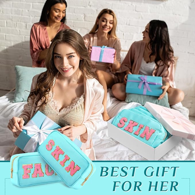 Remerry 4 Pcs Nylon Makeup Bags Waterproof Spacious Travel Cosmetic Bag for Women Chenille Letter Preppy Zipper Pouch Face Stuff Skin Hair Organizer Gift(Light Blue)